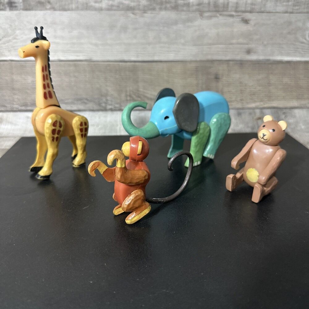 4 1970 Fisher Price Little People Zoo Farm Animals Elephant Giraffe Monkey Bear
